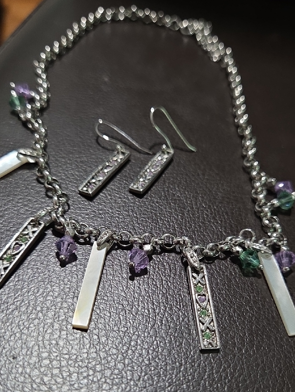Sterling-silver Purple & Green Charm Necklace and Earrings Set